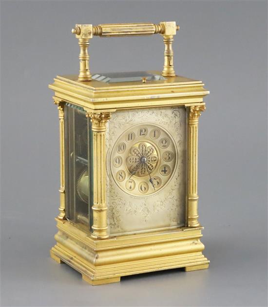 A late 19th century French hour repeating ormolu carriage clock, examined by Wales & McCulloch, Ludgate Hill, London, width 4.25in. dep